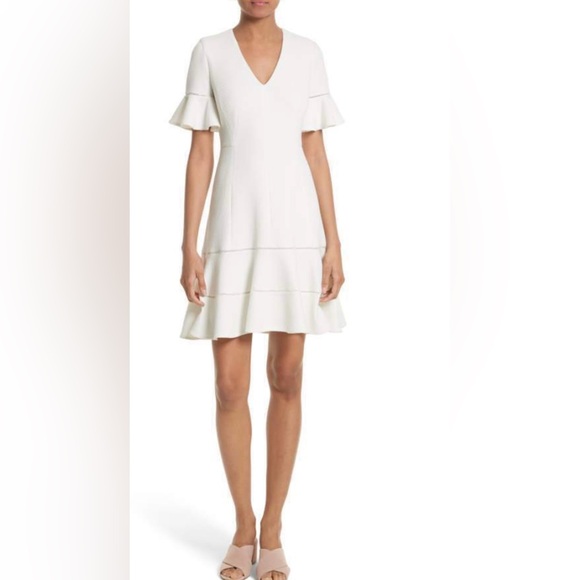 Rebecca Taylor Flirty White V-Neck Diamond Texture Flounced A-line Dress - Picture 4 of 10